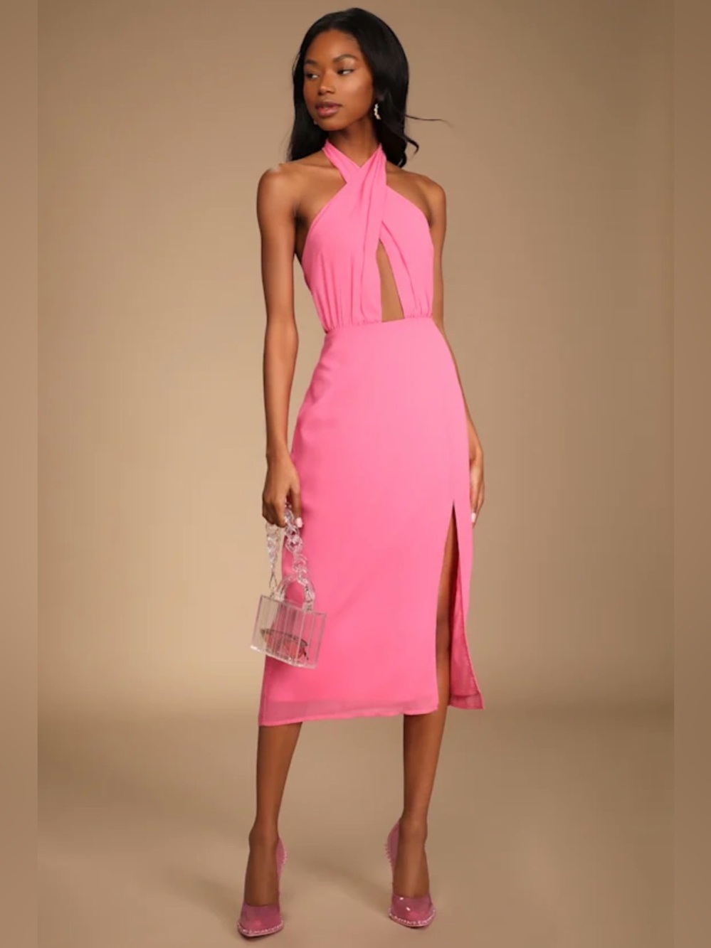 Lulus Flirty Chic Bright Pink Cutout Twist-Front Halter Midi Dress Size Small